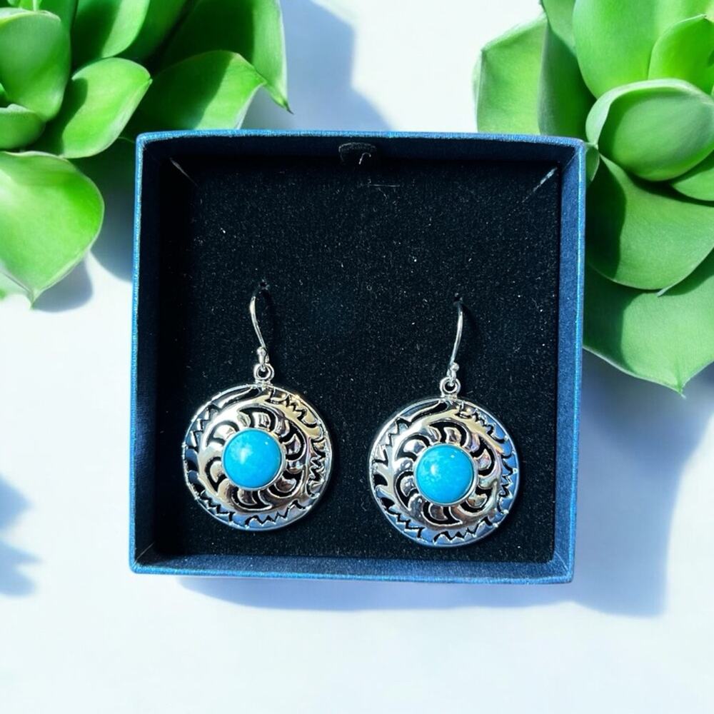 Southwester Round Silver Tone Turquoise Dangle Earrings PCH New in Box Gift